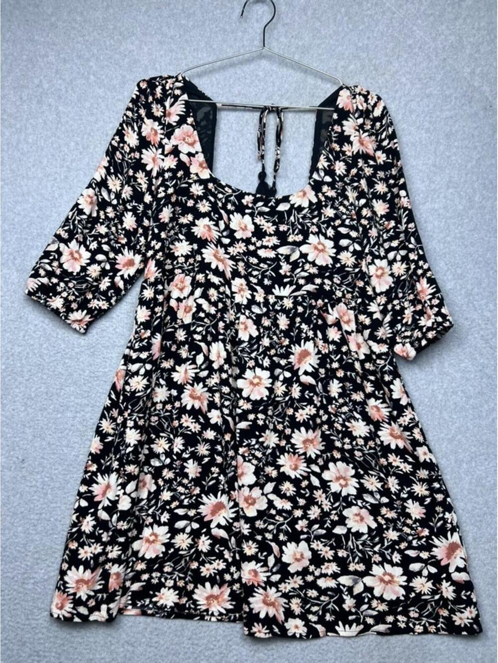 NWT American Eagle Floral Babydoll Mini Dress S Puff Sleeve Tie Back Tassel Boho